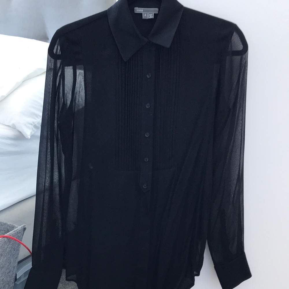 Vince sheer tuxedo style long sleeve blouse